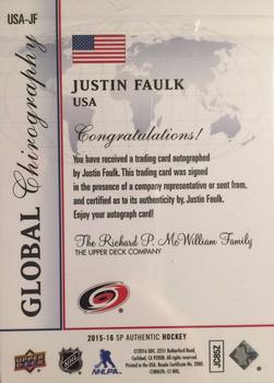 2015-16 SP Authentic - Global Chirography #USA-JF Justin Faulk Back