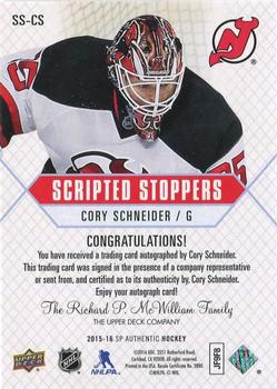 2015-16 SP Authentic - Scripted Stoppers #SS-CS Cory Schneider Back