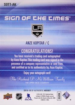 2015-16 SP Authentic - Sign of the Times #SOTT-AK Anze Kopitar Back