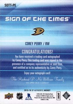 2015-16 SP Authentic - Sign of the Times #SOTT-PE Corey Perry Back