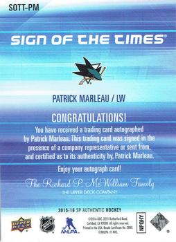 2015-16 SP Authentic - Sign of the Times #SOTT-PM Patrick Marleau Back