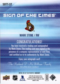 2015-16 SP Authentic - Sign of the Times #SOTT-ST Mark Stone Back