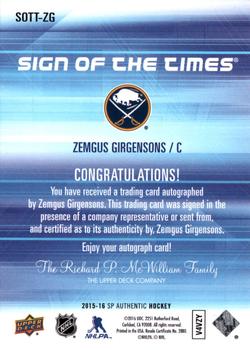 2015-16 SP Authentic - Sign of the Times #SOTT-ZG Zemgus Girgensons Back