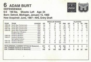 1993-94 Coca-Cola Hartford Whalers #NNO Adam Burt Back