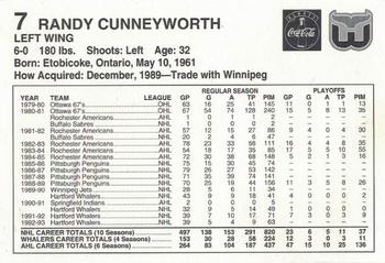 1993-94 Coca-Cola Hartford Whalers #NNO Randy Cunneyworth Back
