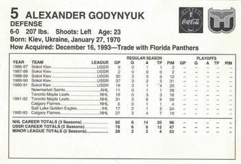 1993-94 Coca-Cola Hartford Whalers #NNO Alexander Godynyuk Back