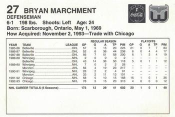 1993-94 Coca-Cola Hartford Whalers #NNO Bryan Marchment Back