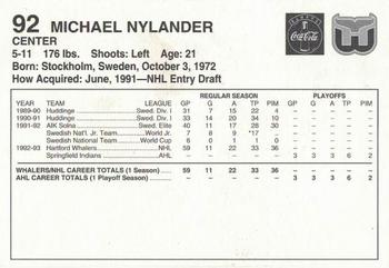 1993-94 Coca-Cola Hartford Whalers #NNO Michael Nylander Back