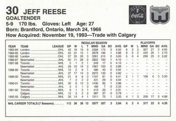 1993-94 Coca-Cola Hartford Whalers #NNO Jeff Reese Back