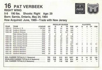 1993-94 Coca-Cola Hartford Whalers #NNO Pat Verbeek Back