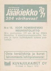 1970-71 Kuvajulkaisut Jaakiekko (Finnish) #15 Igor Romishevski Back