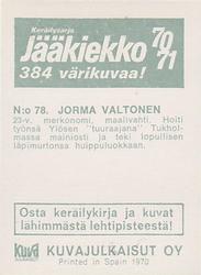 1970-71 Kuvajulkaisut Jaakiekko (Finnish) #78 Jorma Valtonen Back