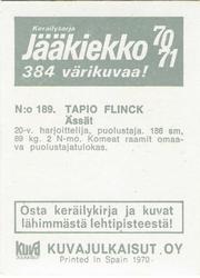 1970-71 Kuvajulkaisut Jaakiekko (Finnish) #189 Tapio Flinck Back