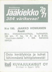 1970-71 Kuvajulkaisut Jaakiekko (Finnish) #190 Jaakko Honkanen Back