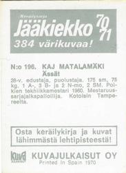 1970-71 Kuvajulkaisut Jaakiekko (Finnish) #196 Kaj Matalamäki Back