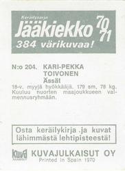 1970-71 Kuvajulkaisut Jaakiekko (Finnish) #204 Kari-Pekka Toivonen Back