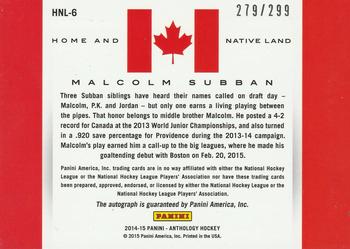 2015-16 Panini Anthology - Home and Native Land Signatures #HNL-6 Malcolm Subban Back