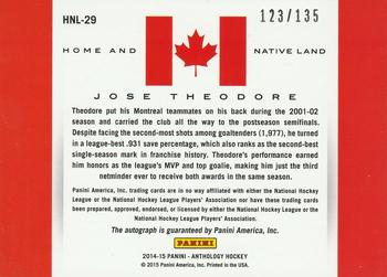 2015-16 Panini Anthology - Home and Native Land Signatures #HNL-29 Jose Theodore Back
