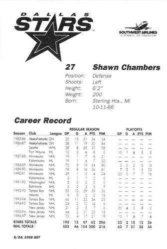 1997-98 Southwest Airlines Dallas Stars Postcards #5 Shawn Chambers Back