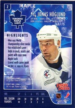 2000-01 Pizza Pizza Toronto Maple Leafs #2 Jonas Hoglund Back