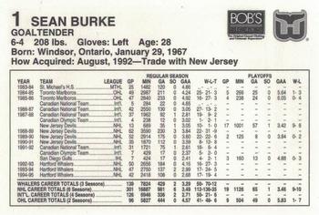 1995-96 Bob's Stores Hartford Whalers Kids Club #NNO Sean Burke Back