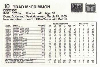 1995-96 Bob's Stores Hartford Whalers Kids Club #NNO Brad McCrimmon Back