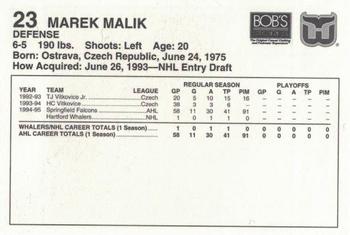 1995-96 Bob's Stores Hartford Whalers Kids Club #NNO Marek Malik Back
