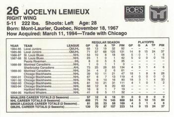1995-96 Bob's Stores Hartford Whalers Kids Club #NNO Jocelyn Lemieux Back