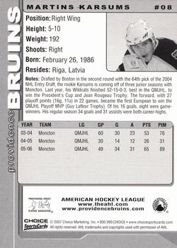 2006-07 Choice Providence Bruins (AHL) #8 Martins Karsums Back