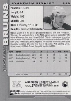 2006-07 Choice Providence Bruins (AHL) #16 Jonathan Sigalet Back