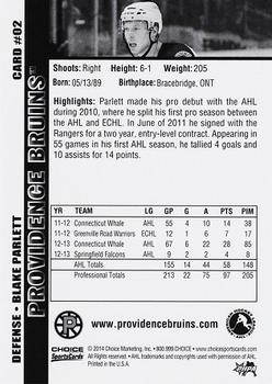 2013-14 Choice Providence Bruins (AHL) #02 Blake Parlett Back