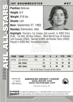 2004-05 Choice 2005 AHL All-Stars #7 Jay Bouwmeester Back