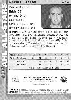 2004-05 Choice 2005 AHL All-Stars #14 Mathieu Garon Back