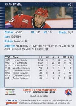 2004-05 Choice Lowell Lock Monsters (AHL) #1 Ryan Bayda Back