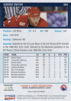 2004-05 Choice Lowell Lock Monsters (AHL) #4 Gordie Dwyer Back
