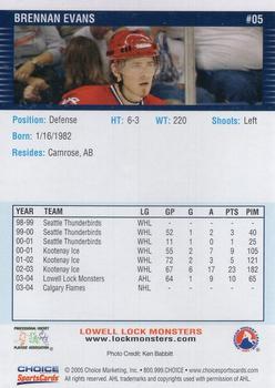 2004-05 Choice Lowell Lock Monsters (AHL) #5 Brennan Evans Back