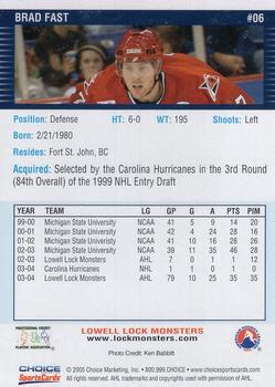 2004-05 Choice Lowell Lock Monsters (AHL) #6 Brad Fast Back