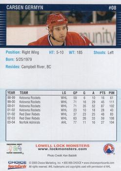 2004-05 Choice Lowell Lock Monsters (AHL) #8 Carsen Germyn Back