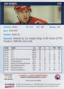 2004-05 Choice Lowell Lock Monsters (AHL) #10 Jim Henkel Back