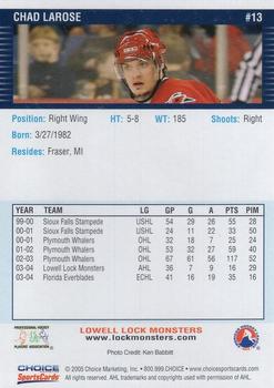 2004-05 Choice Lowell Lock Monsters (AHL) #13 Chad Larose Back