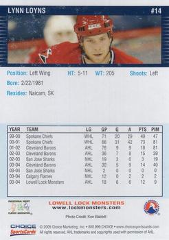 2004-05 Choice Lowell Lock Monsters (AHL) #14 Lynn Loyns Back