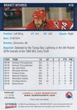 2004-05 Choice Lowell Lock Monsters (AHL) #16 Brantt Myhres Back