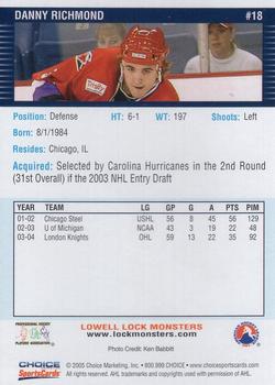 2004-05 Choice Lowell Lock Monsters (AHL) #18 Danny Richmond Back