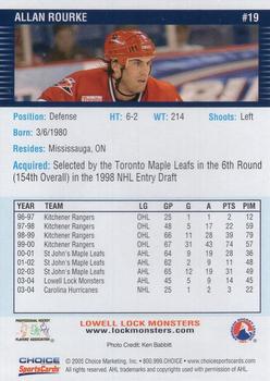 2004-05 Choice Lowell Lock Monsters (AHL) #19 Allan Rourke Back