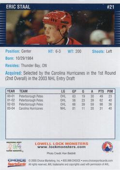 2004-05 Choice Lowell Lock Monsters (AHL) #21 Eric Staal Back