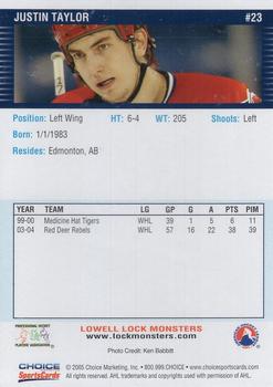 2004-05 Choice Lowell Lock Monsters (AHL) #23 Justin Taylor Back