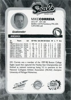 2002-03 Red Rocket Orlando Seals ACHL #NNO Mike Correia Back