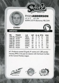 2002-03 Red Rocket Orlando Seals ACHL #NNO Ryan Anderson Back