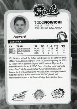 2002-03 Red Rocket Orlando Seals ACHL #NNO Todd Nowicki Back
