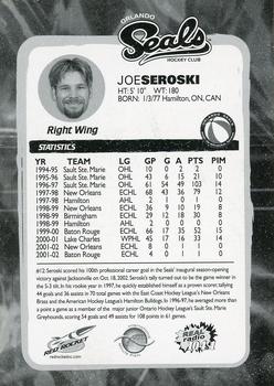 2002-03 Red Rocket Orlando Seals ACHL #NNO Joe Seroski Back